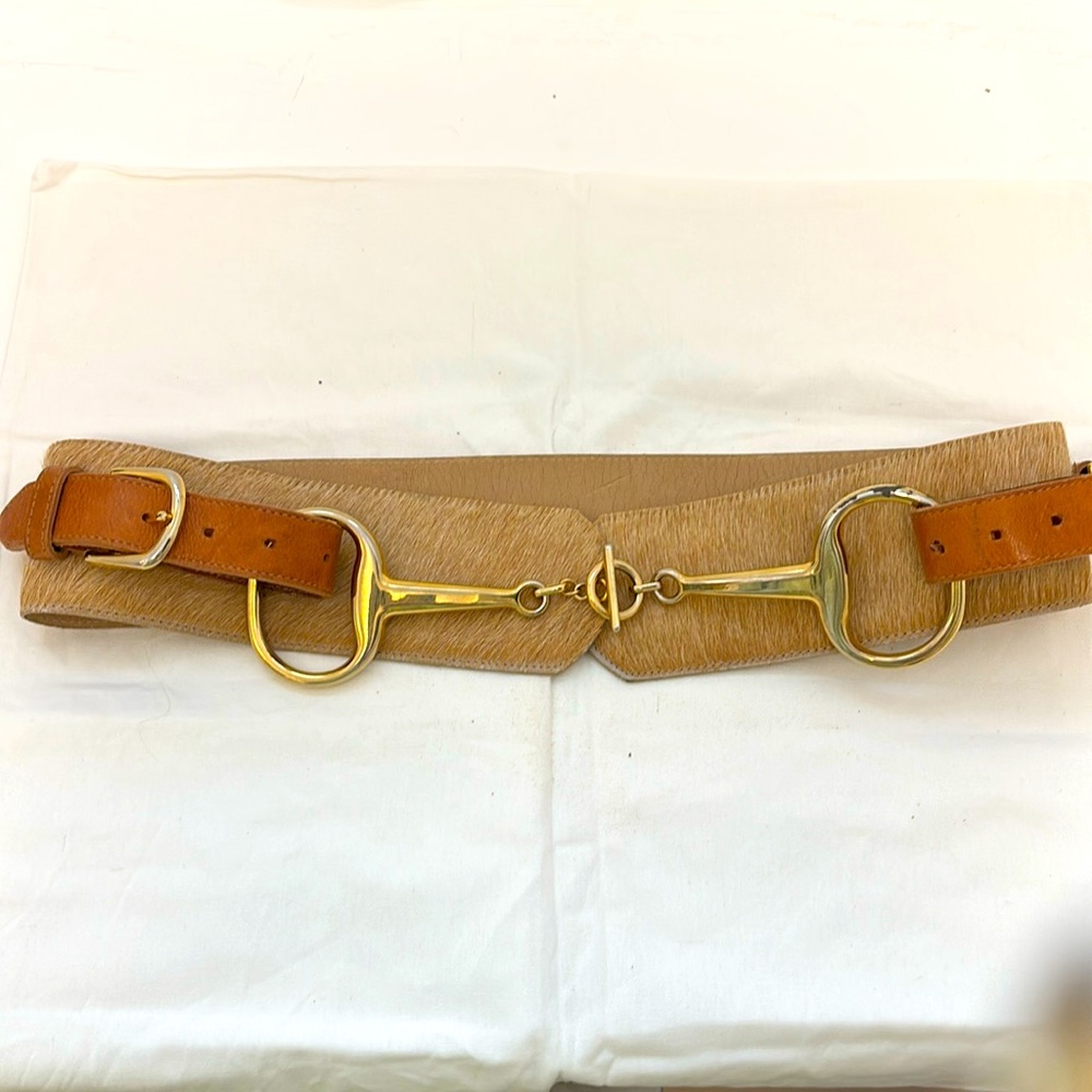 Tan Leather and Haircalf Horsebit Waist Belt